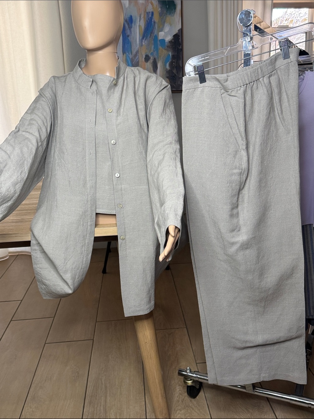 Eileen Fisher 3-Piece Linen Italian Set Stone Gray Jacket Shell Wide Leg Pant